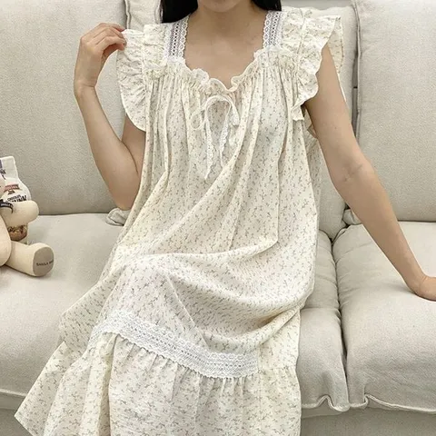 [하프클럽] 초롱꽃프릴 리본레이스 롱원피스 민소매나시 잠옷 여성파자마 실내복 홈웨어