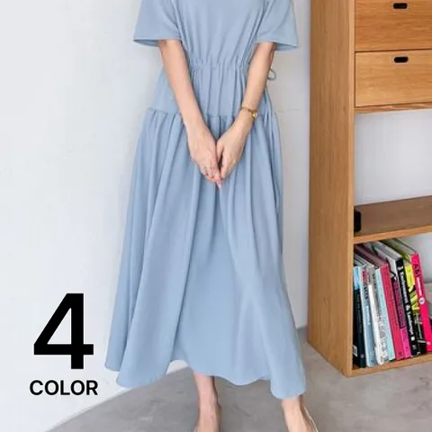 [브리치]  / 5부 반팔 허리 끈 주름 롱 원피스 빅사이즈/ 4컬러