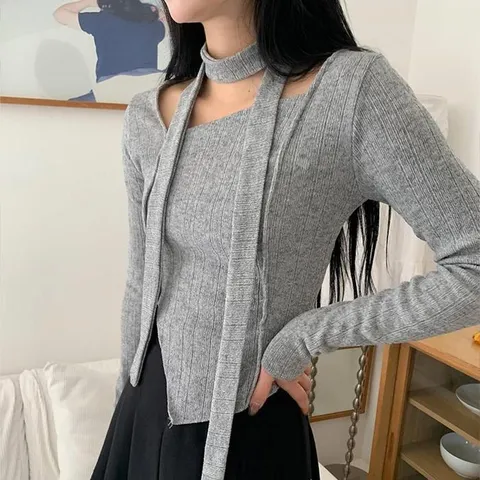 여자 컷아웃 초커 여성스러운 언팔 니트 (29415522)