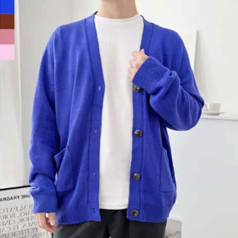 남성 오버핏 브이넥 니트 가디건 코발트블루 ON-CA-QWFFJ6VW