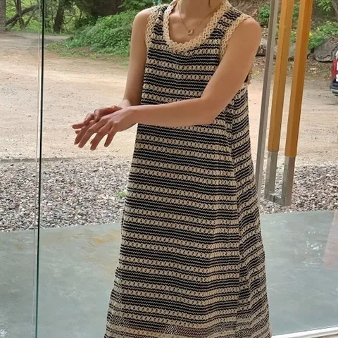 [VY] 여자 동남아룩 테슬 줄무늬 슬리브리스 비침 롱원피스_16775700_588847