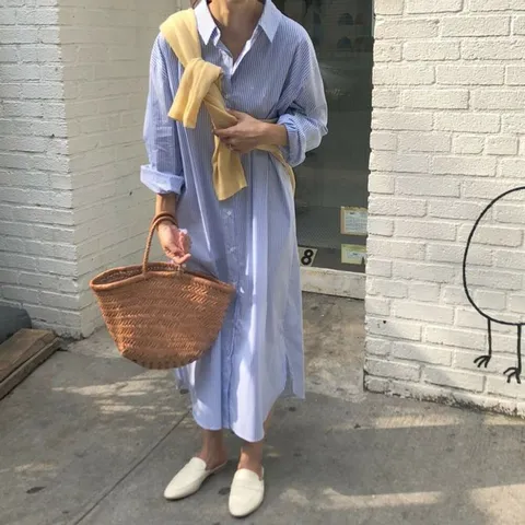 [브리치]  / 봄가을 간절기 바스락 스트라이프 셔츠 롱 원피스