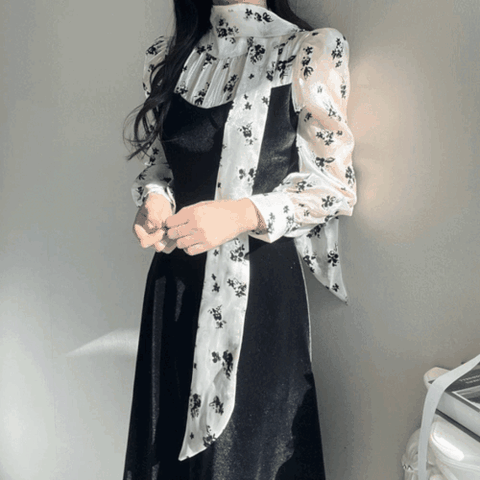 [하프클럽/엘린무드]샤인즈 벨벳 시스루 타이 리본 머메이드 롱 하객 연말 원피스