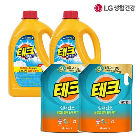 LG생활건강 테크 실내건조 액체세제 일반 용기 3L2개 + 리필 2L 2개