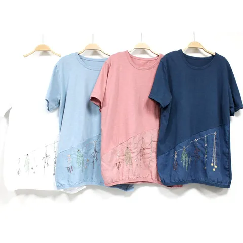 [시골양품점]여름 마미 꽃자수 면 반팔티 [BU30604]국산 면100% 날씬해보여요