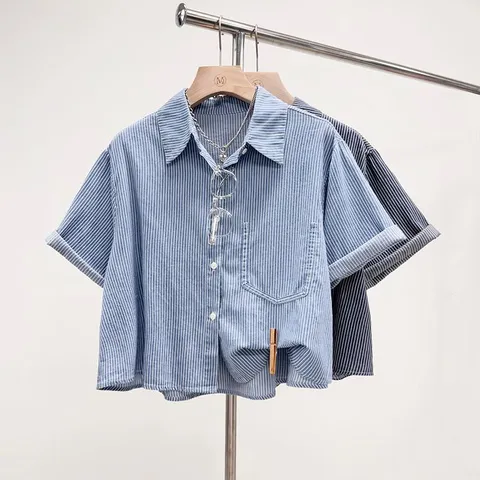 [브리치]  / 스트라이프 썸머 루즈핏 세미 크롭 반팔 데님 셔츠 2c