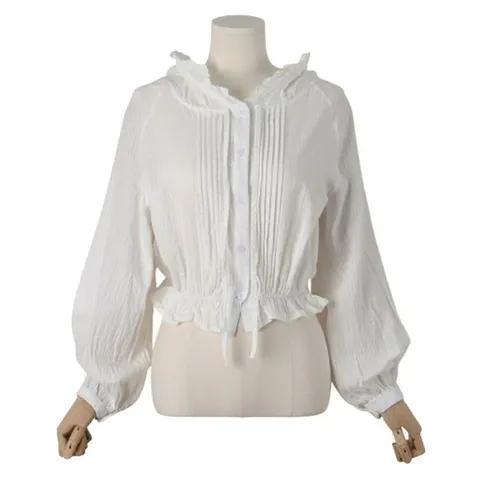 [하프클럽] 핀턱단추 프릴레이스 후드블라우스 러블리 아사면 긴팔크롭셔츠