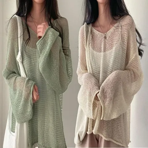 [오노마] ONM 여성 루즈핏 해변룩 그물 망사 긴팔 시스루 니트 (14391540)