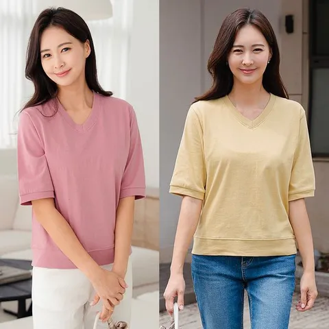 [하프클럽]  여자 여름 브이넥 쭈리 면 반팔 5부 맨투맨 티셔츠 40-50대 미시 캐주얼 엄마옷 등원 출근