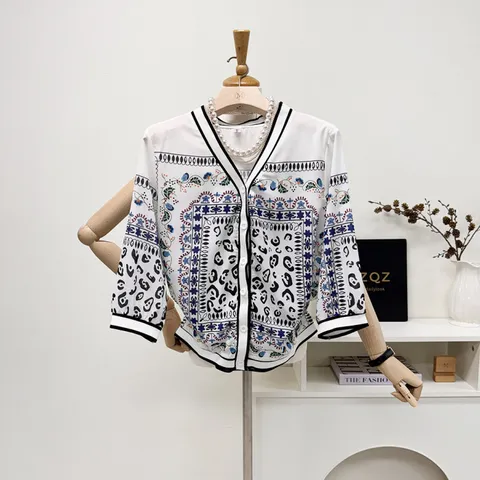 [브리치]  / 브이넥 에스닉 호피 레오파드 쉬폰 7부 가디건