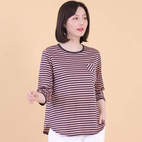 다정 실켓면 단가라 봄 여름 포켓 칠부 티셔츠 A08308