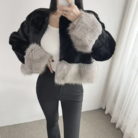 [브리치] 글램핏 / 모임룩 투톤 배색 레더 페이크 밍크 퍼 노카라 자켓 2