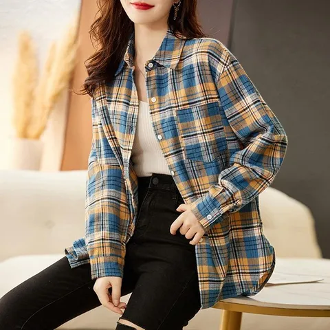 [브리치] 제로투올샵 / 여성용 긴팔 체크 셔츠 여성 봄가을 캐주얼 블루 체크 얇은 버전