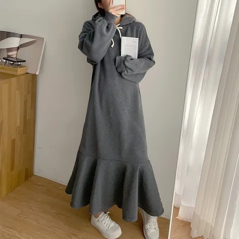 [하프클럽/라뮤엣]여성 겨울 데일리 베이직 끈 후드 기모 롱 머메이드 원피스