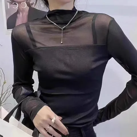 알티피아 시스루 폴드넥 망사 티셔츠 슬림핏 이너티 시스루 이너티 폴드넥 블라우스 망사