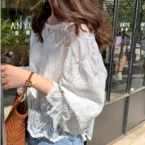 여성 데일리 러블리 레이스 시스루 페미닌 블라우스 프릴블라우스 쉬폰블라우스 여성블라우스
