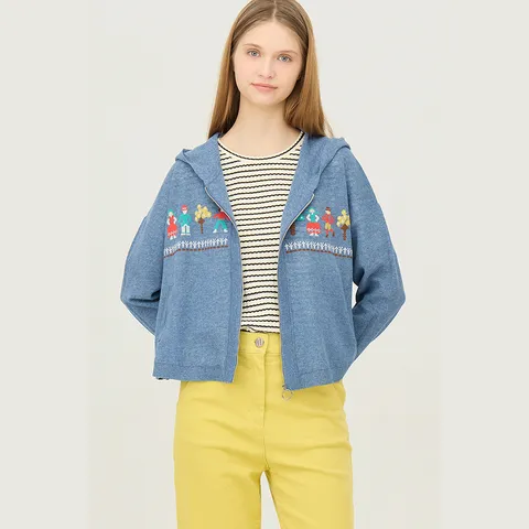 린넨 블렌드 자수 후드 니트 가디건 BAKC14511 428519