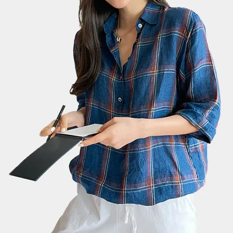 [린넨100%]소드 린넨 체크 블라우스