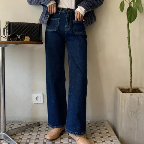 여성 스판 히든밴딩 앞포켓 와이드 데님팬츠 핏이 예쁜 통청바지