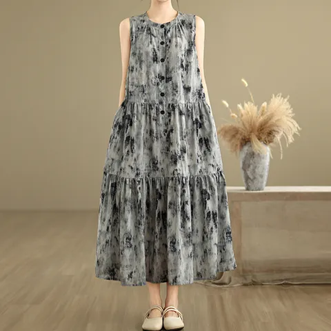 259808 - 모린 버튼 3단 찰랑롱원피스 빅사이즈원피스 여성롱원피스 중년여성원피스 여름원피스 50대원피스