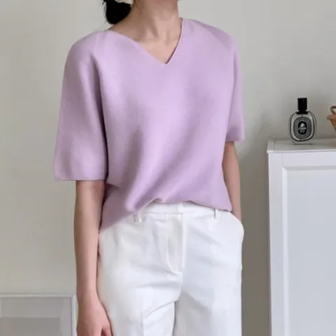 여자 수피마코튼100 V넥 박시핏 반소매 니트 (31532464)