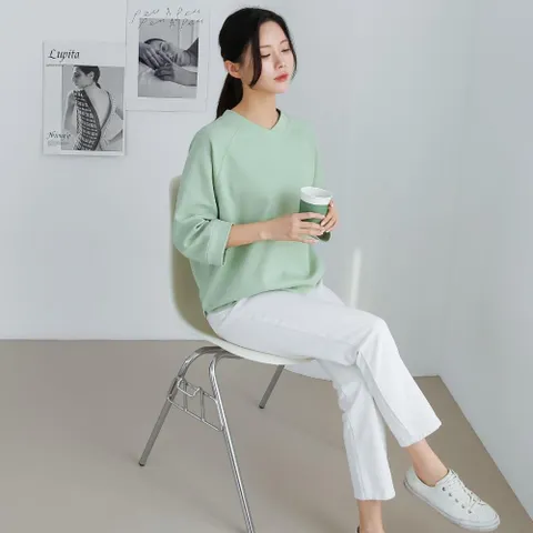 [다잇템] 여자 팔부 V넥 박시티 SS 라글란 엷은 티셔츠