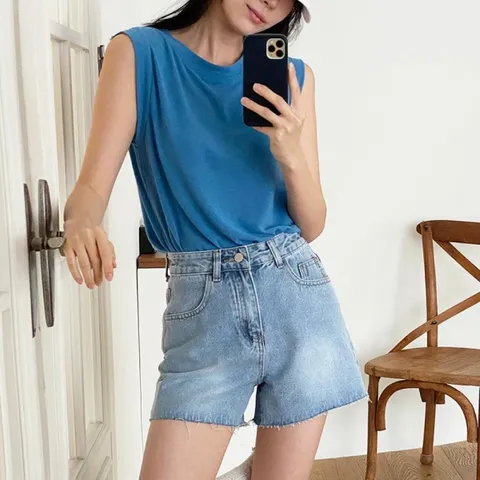 여자 여름 여행룩 리본 프린팅 청 반바지 데님팬츠