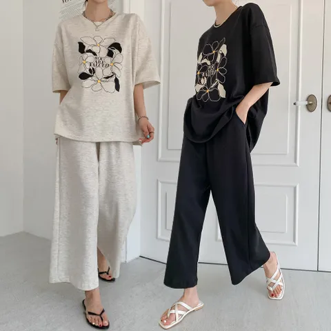 여성 플라워 면 반팔 롱티셔츠 와이드팬츠 세트 -CPST0386-