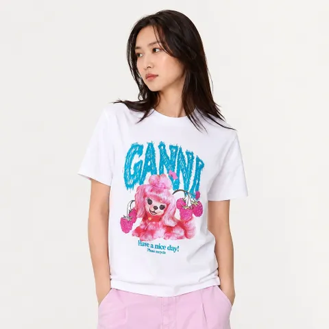 GANNI A1050142 151 핑크 도그 로고 여성 반팔티