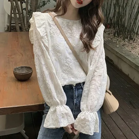 자수 시스루 라운드넥 숄더프릴 루즈핏 봄 블라우스 캐주얼블라우스 스타일리시룩