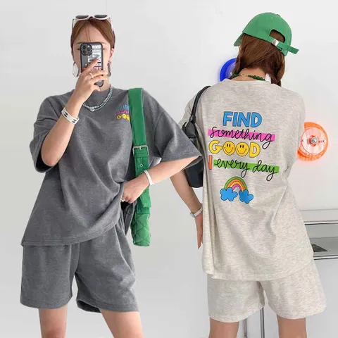 여성 면 반팔 롱 티셔츠 밴딩 반바지 세트 -CPST0078-