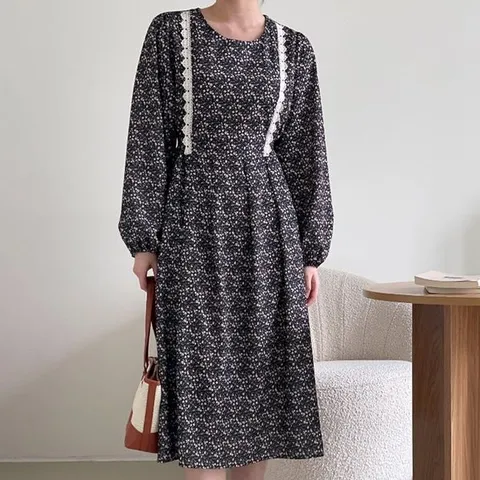 [하프클럽/신상오픈런]에스닉 보헤미안 라운드넥 레이스 에이라인 긴팔원피스