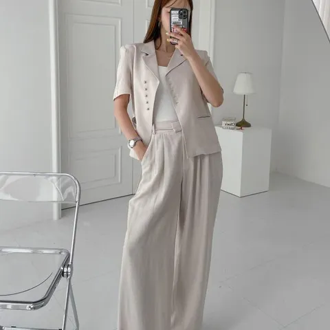 [하프클럽/브이와이]여자 마원단 넓은 썸머 단추 정장바지 세트