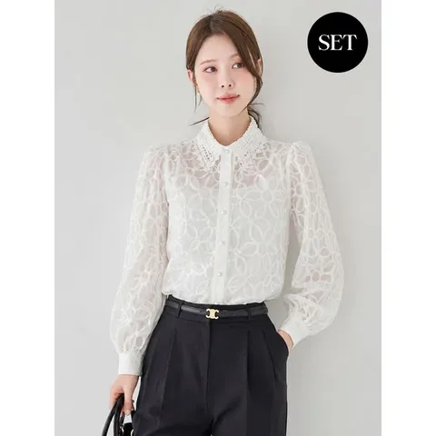 [하프클럽] 레이스카라 플라워 자수 나시세트 블라우스_M2608BL616C