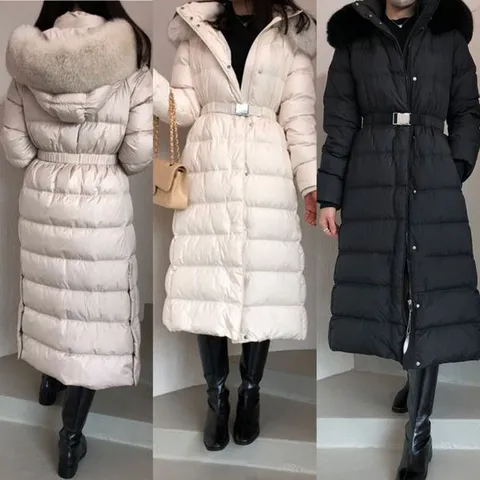 [하프클럽] 러뷴 겨울 후드 리얼 폭스퍼 덕다운 100 벨트 여성롱패딩 명품 도톰 빵빵한 오리털 롱패딩 패딩