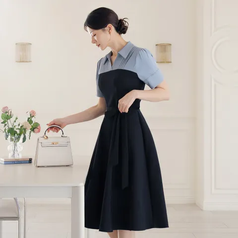 (~XXL까지)(기장선택)  솔리에 배색 카라 리본끈 플레어 원피스 여름 하객룩 오피스룩 모임룩 격식룩 빅사이즈