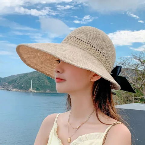 여성 여름 패션 뒷 왕 리본 포인트 돌돌이 비치캡 왕골비치모자 챙넓은라피아햇 비치모자