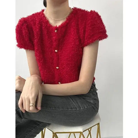 [하프클럽] 핀뉴 푸들 뽀글이 부클 크롭 앙고라 뽀글이 반팔 니트 어깨 셔링 퍼프 퍼가디건 크리스마스 파티룩