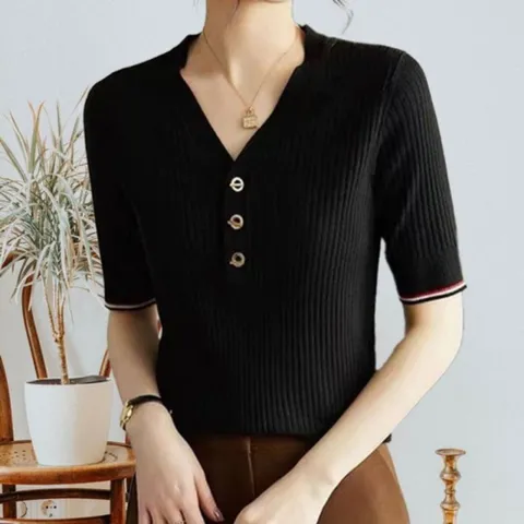 티셔츠 골지 반팔 블랙 여름 브이넥 니트