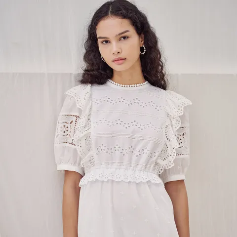 Cotton Lace Puff-sleeve Dress