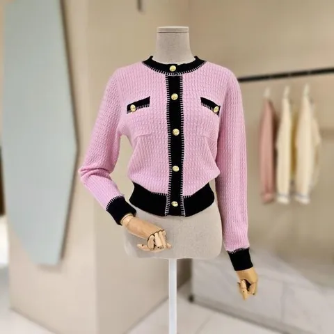 D2513CD0343_배색라인 꽈배기 니트 가디건