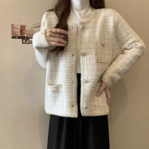 여성 트위드 주얼리버튼 포켓 페미닌 니트 가디건 여성가디건 니트가디건 여성니트 니트탑