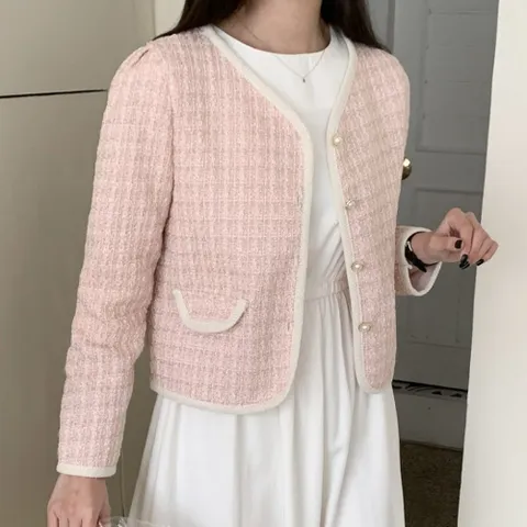 [다잇템] 여자 카라없는 여성스러운 분홍 SS 자켓