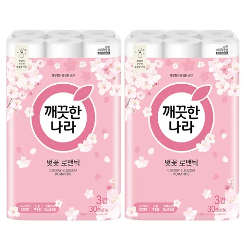 벚꽃 로맨틱 3겹 천연펄프 화장지 27m 30롤x2팩