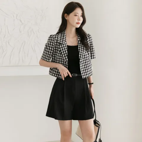 (~XXL까지) 세리오 체크 반팔 크롭 자켓 여름 오피스룩 나들이룩 데일리 일상 캐쥬얼 출근룩 빅사이즈