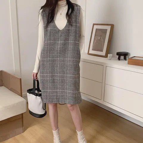 [다잇템] 여자 코디 격자 V넥 슬리브리스 그런지 원피스