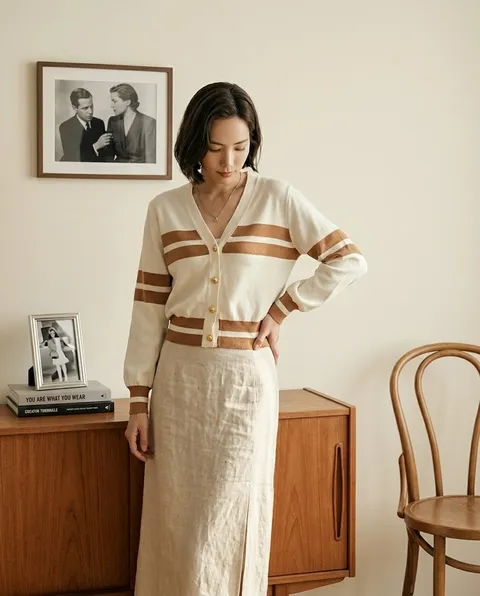 [브리치] 헤이븐 / 줄니어 라인 배색 금장버튼 브이넥 가디건 (3color)