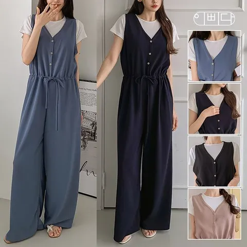 [하프클럽]  국내제작 여성 여름 루시 레그 와이드 스트링 단츄 점프수트 IBBD25_AP9