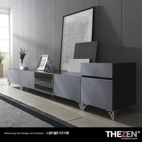 더젠 자넬202 메탈릭실버 고급 2500거실장세트2(상판흑경/스틸다리)