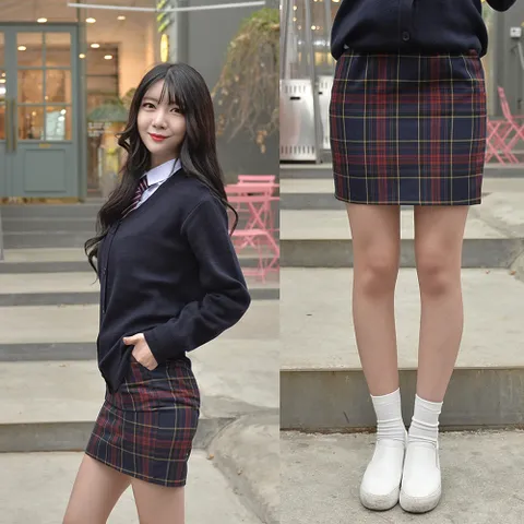 [허리조절] 스판 레드네이비체크 교복치마 스커트
